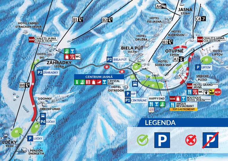 Map of parking lots and lifts at the Jasna resort